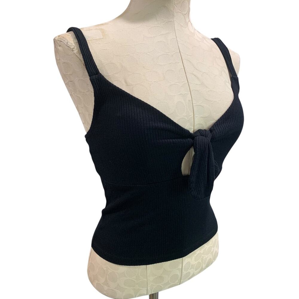 Large Forever 21 Crop Tank Top Shirt Womens Black Ribbed Tie Front - Picture 7 of 8